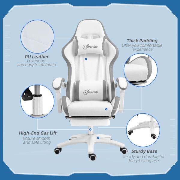 Racing Gaming Chair, Reclining PU Leather Computer Chair w/ 360 Degree Swivel Seat, Footrest, Headrest & Lumber, White - Image 7
