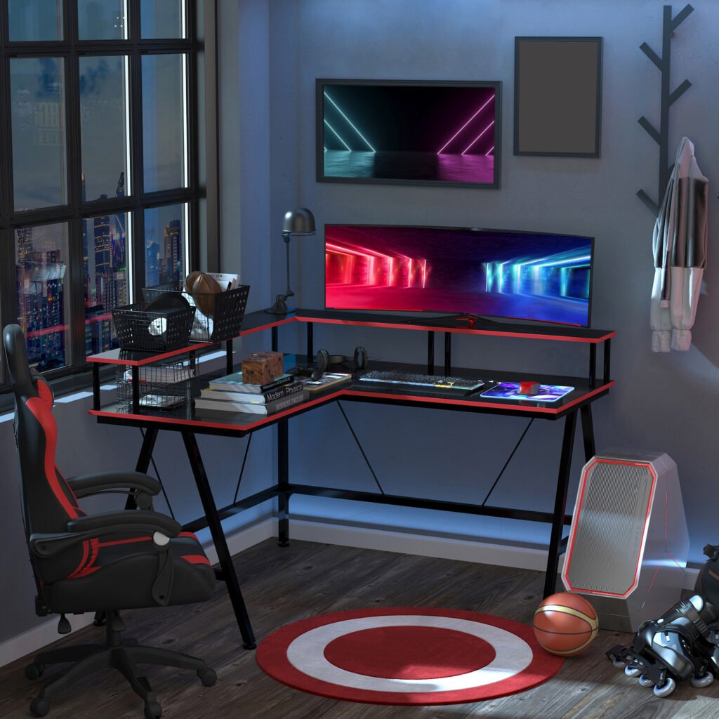 L-Shape Corner Gaming Desk Computer Table with Elevated Monitor Shelf Workstation, Black Red