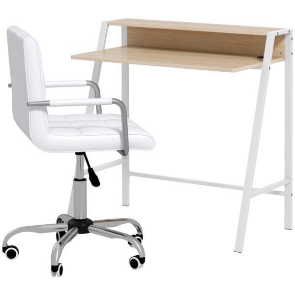 Office Chair and Desk Set, Faux Leather Swivel Chair, Study Desk with Storage Shelf, White.