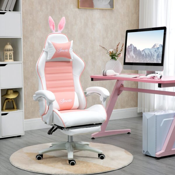 Racing Gaming Chair, Reclining PU Leather Computer Chair with Removable Rabbit Ears, Footrest, Headrest and Lumber Support, Pink - Image 2