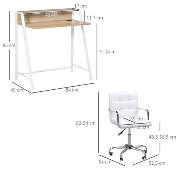 Office Chair and Desk Set, Faux Leather Swivel Chair, Study Desk with Storage Shelf, White. - Image 3