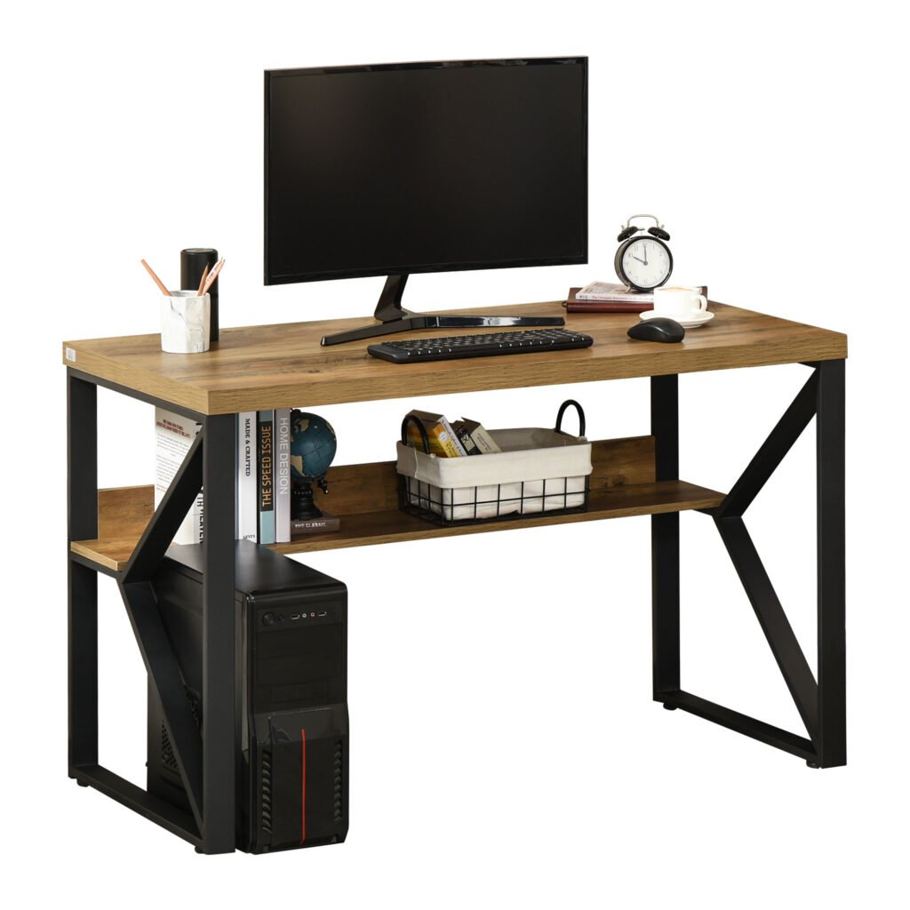 Modern Writing Desk, Computer Table for Home Office, PC Laptop Workstation with Storage Shelf, Wood Effect, Black/Brown