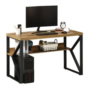 Modern Writing Desk, Computer Table for Home Office, PC Laptop Workstation with Storage Shelf, Wood Effect, Black/Brown