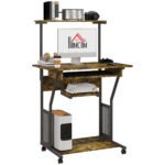 Mobile Computer Desk w/ Keyboard Tray, Rolling Study Table w/ Storage Shelves & Wheels, Writing Desk for Home Office, Rustic Brown