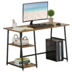 Home Office Desk with 2 Shelves, Steel Frame, Computer Gaming Station, Rustic Brown and Black