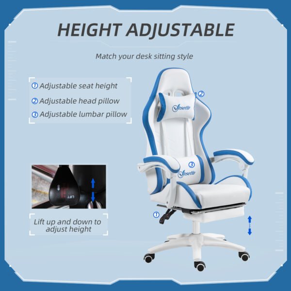 Racing Gaming Chair, Reclining PU Leather Computer Chair w/ 360¬∞ Swivel Seat, Footrest, Removable Headrest & Lumber Support, White - Image 4