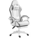 Racing Gaming Chair, Reclining PU Leather Computer Chair w/ 360 Degree Swivel Seat, Footrest, Headrest & Lumber, White