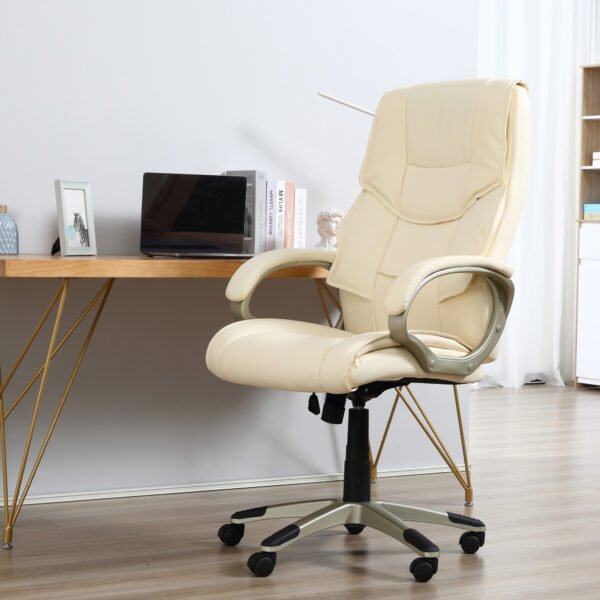 Computer Desk Chair with Adjustable Height & Rocking Function, High Back Executive Office Chair, Faux Leather, Cream White. - Image 2