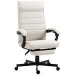 High-Back Linen Office Chair: Swivel Recliner with Adjustable Height, Footrest & Padded Armrests, Creamy White