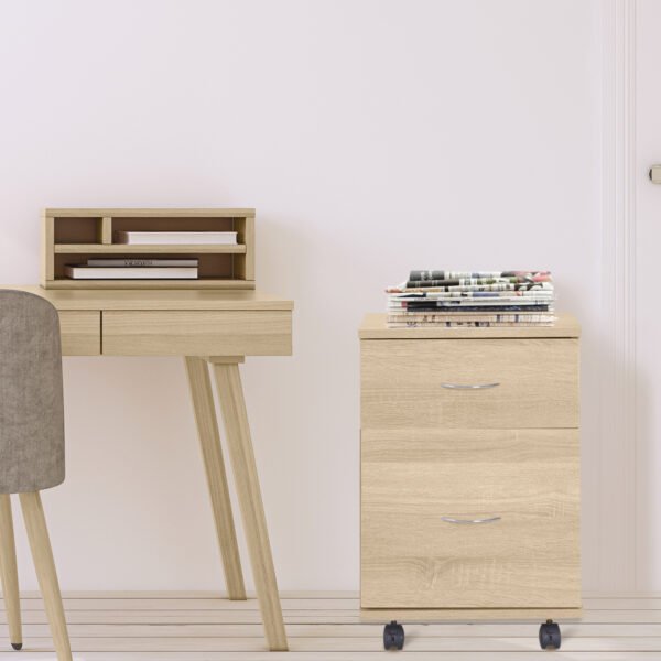 File Cabinet Cupboard Storage with Two Drawers, Table Storage Box with Wheels, Cabinet Bedside Table Storage Box, Oak - Image 2