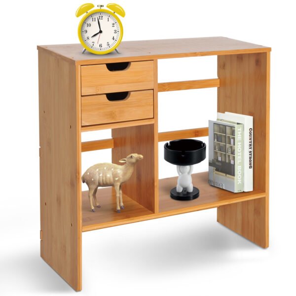 Desk Organiser, Bamboo Desktop Bookshelf with 2 Drawers and Stationery Storage, Reversible Use - Image 3