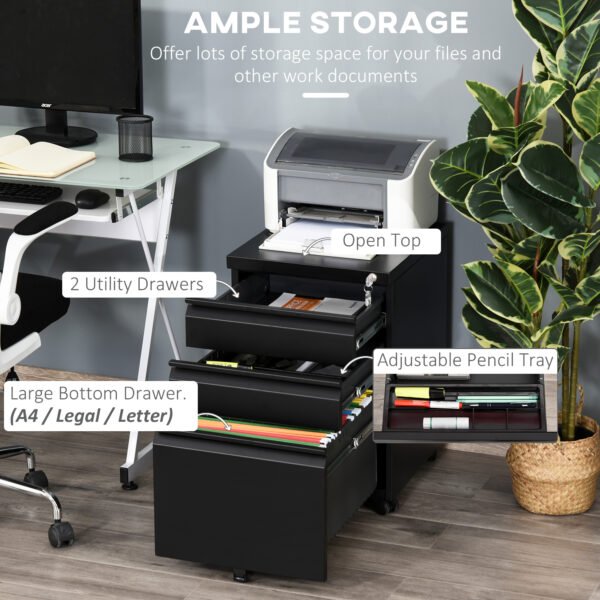 Mobile Vertical File Cabinet Lockable Metal Filling Cabinet w/ 3 Drawers Anti-tilt Design for Letter A4 Legal Size Fully Assembled - Image 4