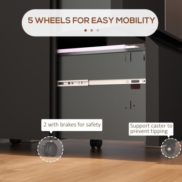 2-Drawer Mobile Filing Cabinet on Wheels, Steel Lockable File Cabinet w/ Adjustable Hanging Bar for Letter, A4 & Legal Size, Black - Image 7