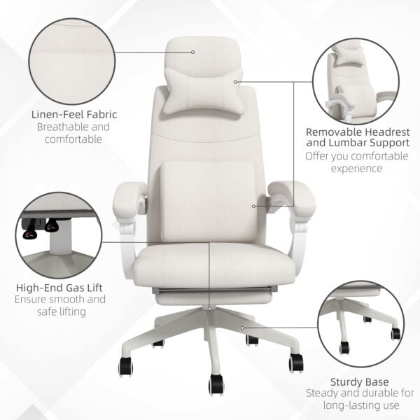High Back Office Chair Reclining Computer Chair with Footrest Lumbar Support Adjustable Height Swivel Wheels White - Image 5