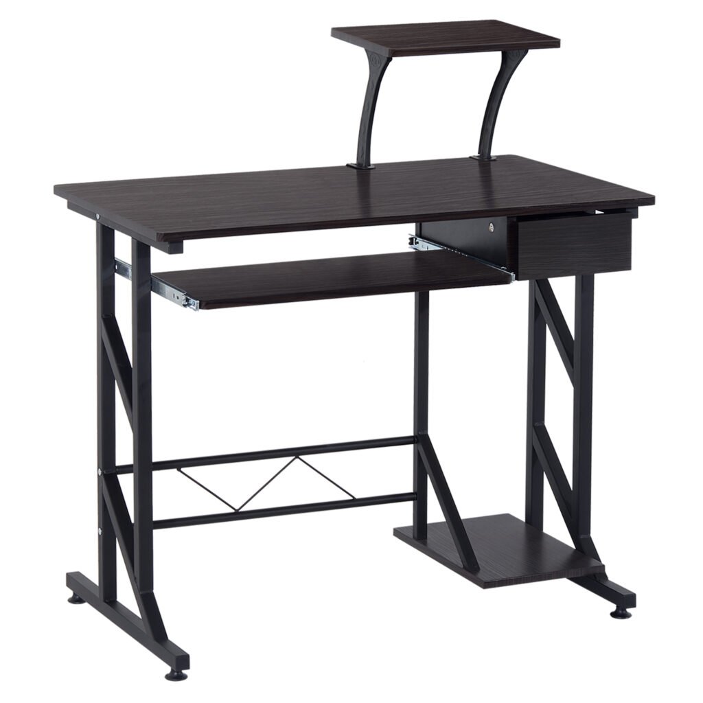 Wooden Computer Desk with Display Shelf, Executive PC Workstation for Home Office, Brown