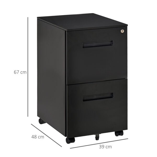 Black Cabinet Mobile Lockable File Cabinet with 2 Drawers, Storage for Office Equipment, 67H x 39W x 48Dcm - Image 3
