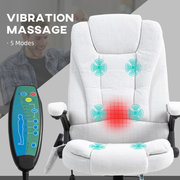 Massage Office Chair w/ 6 Heated Vibration Points, Executive Office Chair w/ Linen-Feel Fabric 360¬∞, Swivel Wheels, Cream White - Image 4