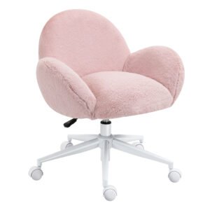 Fluffy Leisure Home Office Chair with Backrest and Armrest, Makeup Chair with Wheels for Bedroom Living Room, Pink