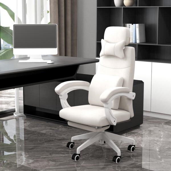 High Back Office Chair Reclining Computer Chair with Footrest Lumbar Support Adjustable Height Swivel Wheels White - Image 2