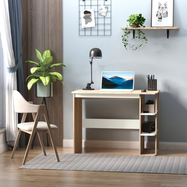 Office Table with 3-Tier Storage Shelf, Desk with Shelves for Home Office, Study, Living Room, Computer Desk, Oak & White - Image 6