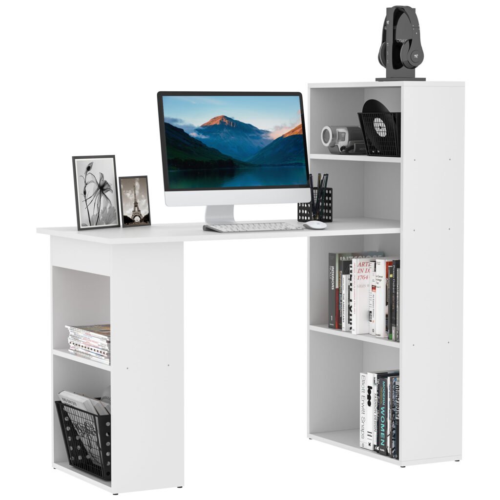 120cm Modern Computer Desk Bookshelf Writing Table Workstation PC Laptop Study Home Office 6 Shelves White
