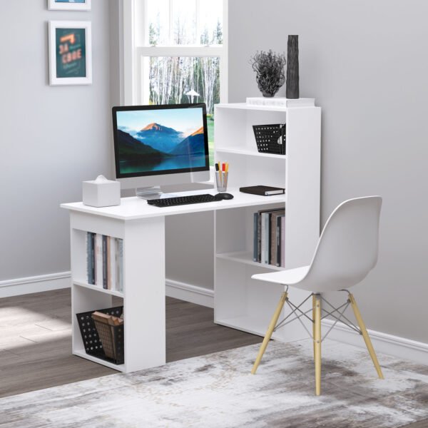 120cm Modern Computer Desk Bookshelf  Writing Table Workstation PC Laptop Study Home Office 6 Shelves White - Image 2