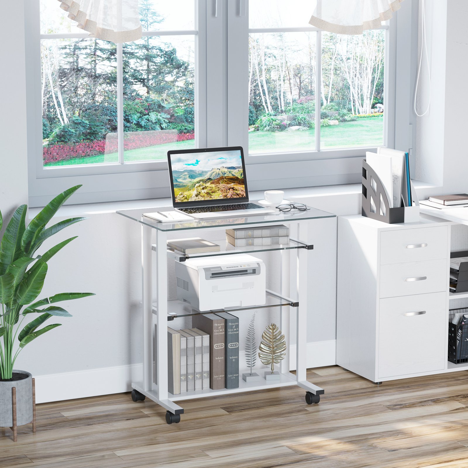 Mobile Glass Computer Desk, Workstation on Wheels, Laptop PC Desk for Home Office, White. - Image 2