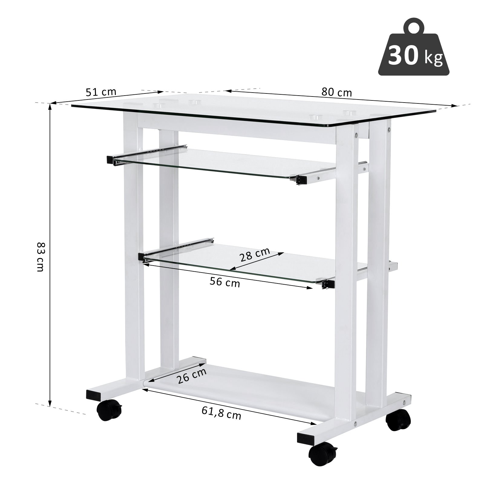 Mobile Glass Computer Desk, Workstation on Wheels, Laptop PC Desk for Home Office, White. - Image 3