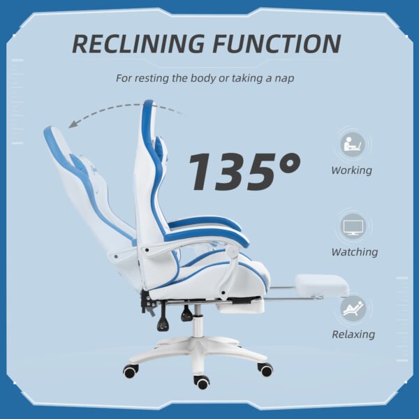Racing Gaming Chair, Reclining PU Leather Computer Chair w/ 360¬∞ Swivel Seat, Footrest, Removable Headrest & Lumber Support, White - Image 5