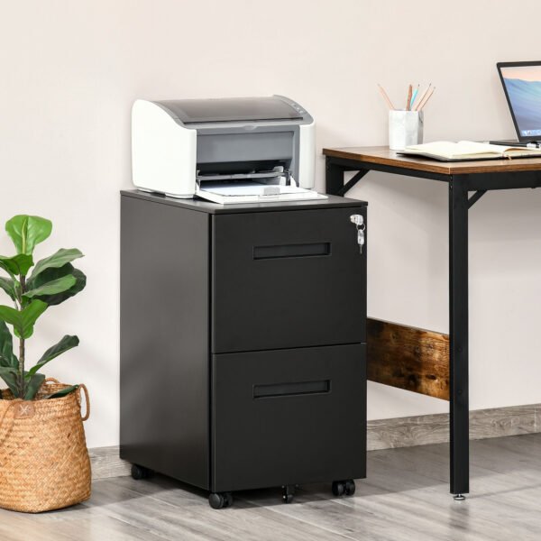 Black Cabinet Mobile Lockable File Cabinet with 2 Drawers, Storage for Office Equipment, 67H x 39W x 48Dcm - Image 2