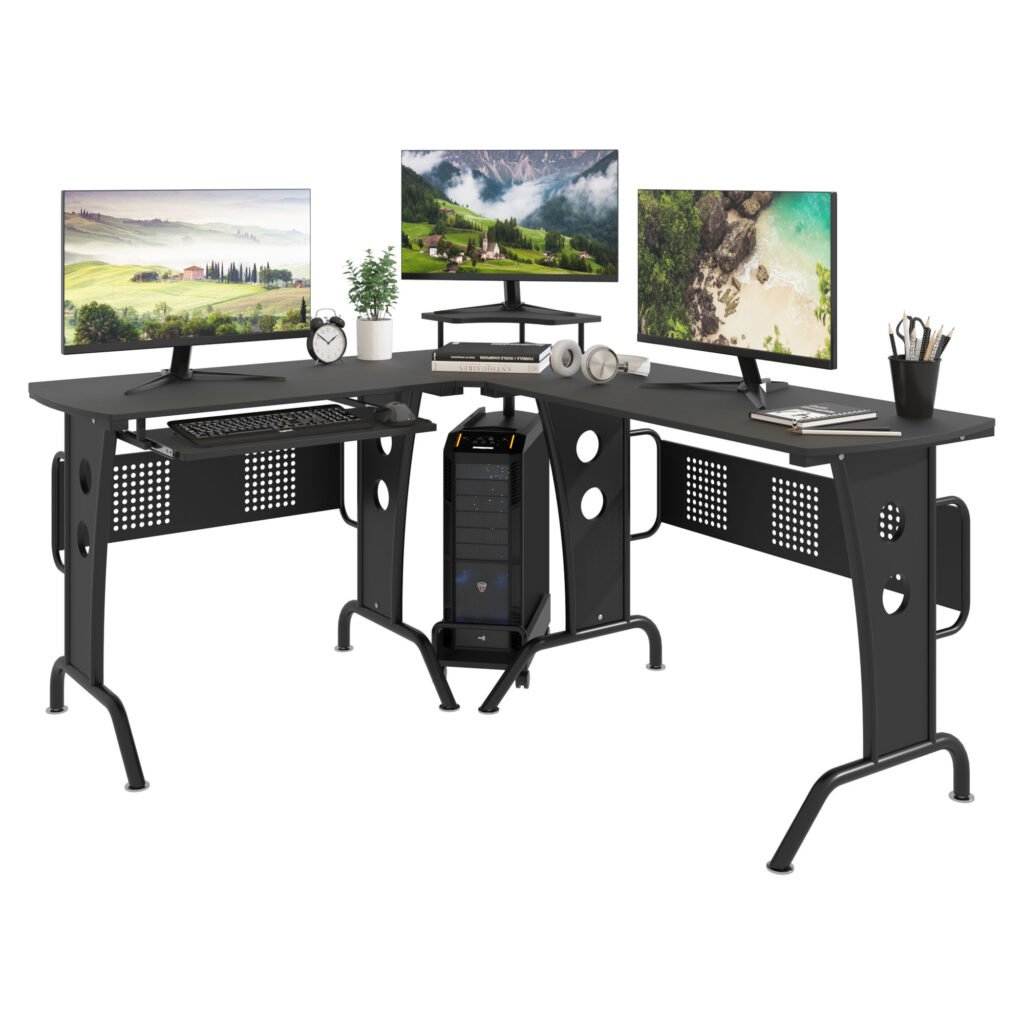 L-Shaped Corner Work Desk Gaming Office w/ Steel Frame CPU Rack Keyboard Tray Space-Saving Melamine Coating Computer, Black