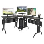 L-Shaped Corner Work Desk Gaming Office w/ Steel Frame CPU Rack Keyboard Tray Space-Saving Melamine Coating Computer, Black