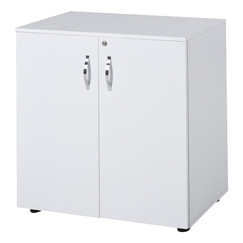 2-Tier Locking Office Storage Cabinet File Organisation w/ Feet Melamine Coating Aluminium Handles 2 Keys Stylish White