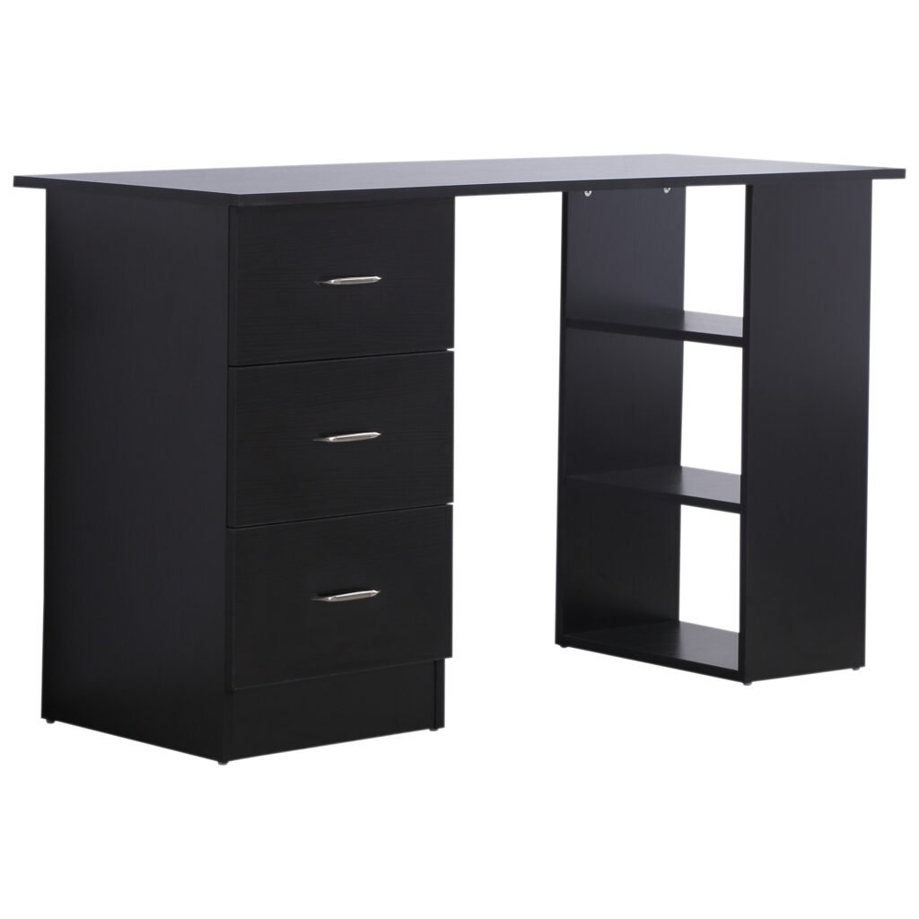 Computer Desk with Drawers Writing PC Table Workstation Laptop Study Stationery Cupboard w/ 3 Shelf & Drawers - Black 120H cm