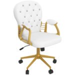 Height Adjustable Home Office Chair, Button Tufted Computer Desk Chair with Padded Armrests and Tilt Function, Cream White