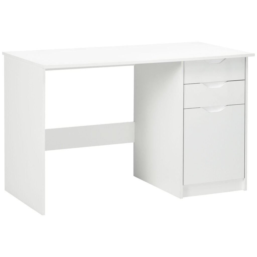 High Gloss Computer Desk with Drawers, Modern Writing Workstation with Storage Cabinet, PC Study Table for, Office, Study, White