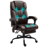 PU Leather Massage Office Chair, 6-Point Executive Office Chair with Swivel Wheels, Reclining with Footrest and Remote, Brown