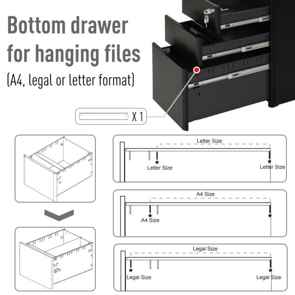 File Cabinet, 3-Drawer Lockable, for Letter/Legal/A4, Steel Office Storage with Wheels, Black - Image 6