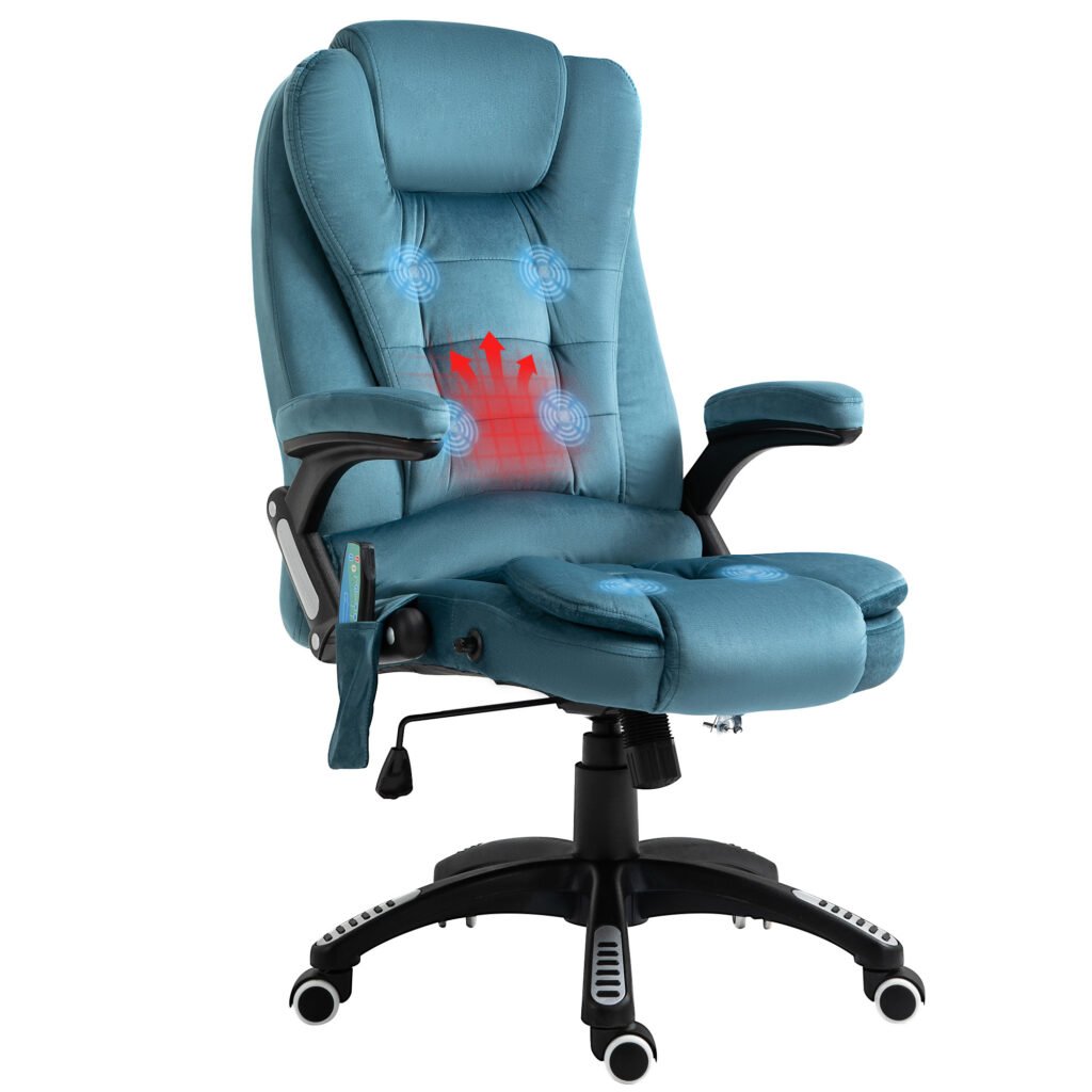 Heated Massage Office Chair, Velvet-Feel Fabric Executive Office Chair with 6 Massage Points, 360° Swivel Wheels, Blue