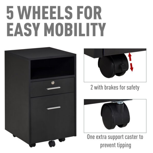 Black Cabinet Mobile Lockable File Cabinet with 2 Drawers, Storage for Office Equipment, 65H x 39W x 40Dcm - Image 5