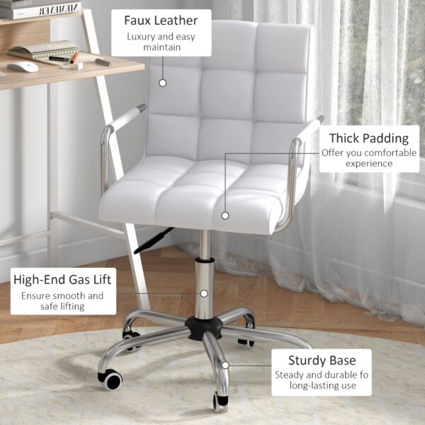 Office Chair and Desk Set, Faux Leather Swivel Chair, Study Desk with Storage Shelf, White. - Image 6