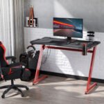 Gaming Desk, Ergonomic Home Office Desk, Gamer Workstation Racing Table w/ Headphone Hook & Cup Holder, 122 x 66 x 86cm, Black & Red