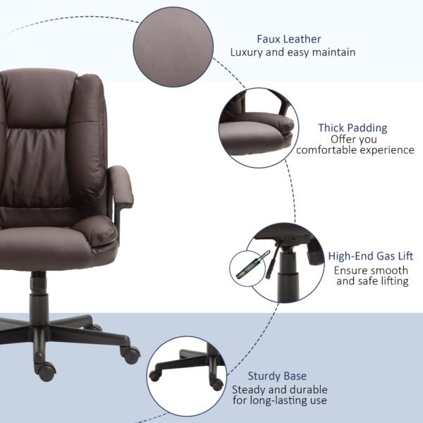 Swivel Executive Office Chair Mid Back Faux Leather Computer Desk Chair for Home with Double-Tier Padding, Arm, Wheels, Brown - Image 4