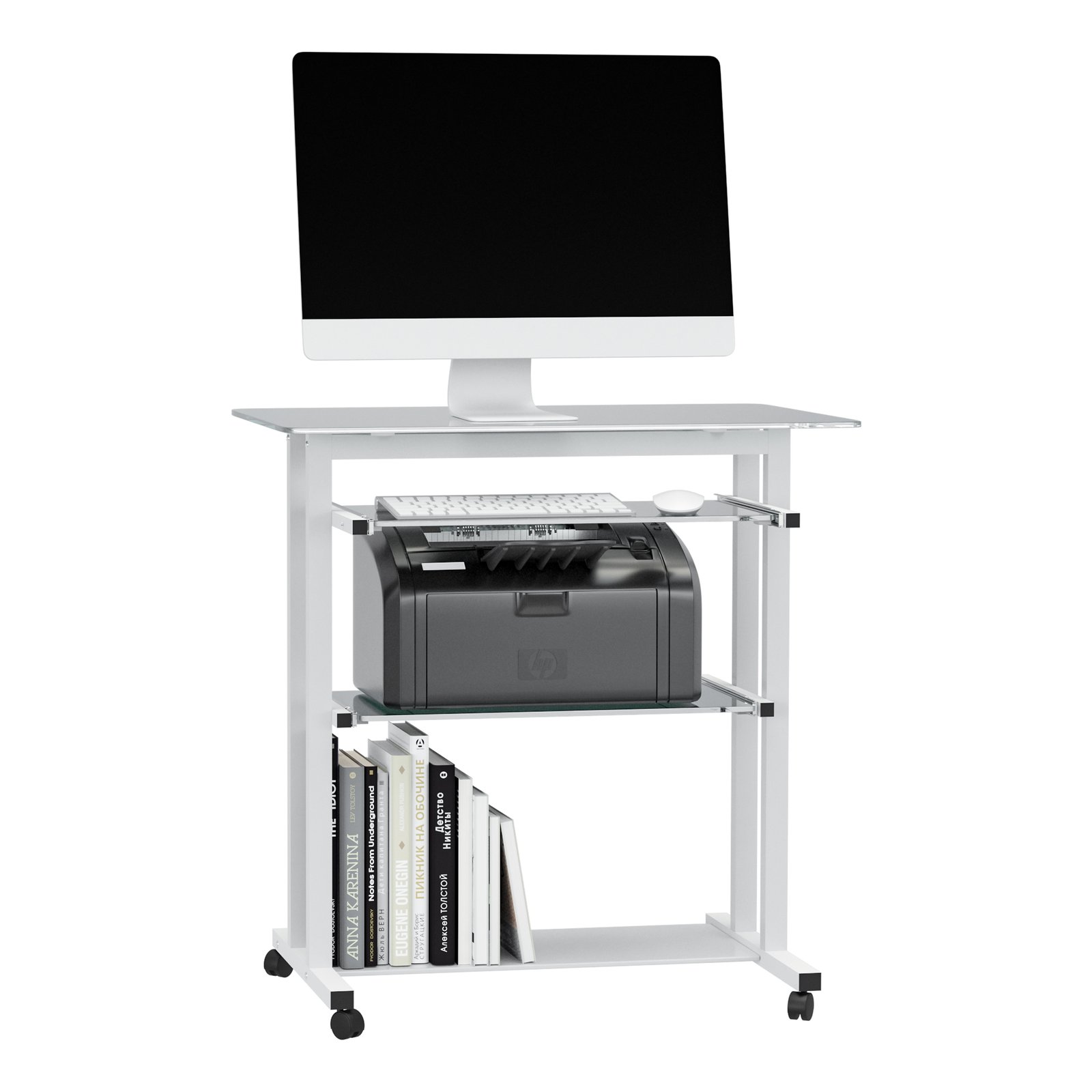 Mobile Glass Computer Desk, Workstation on Wheels, Laptop PC Desk for Home Office, White.