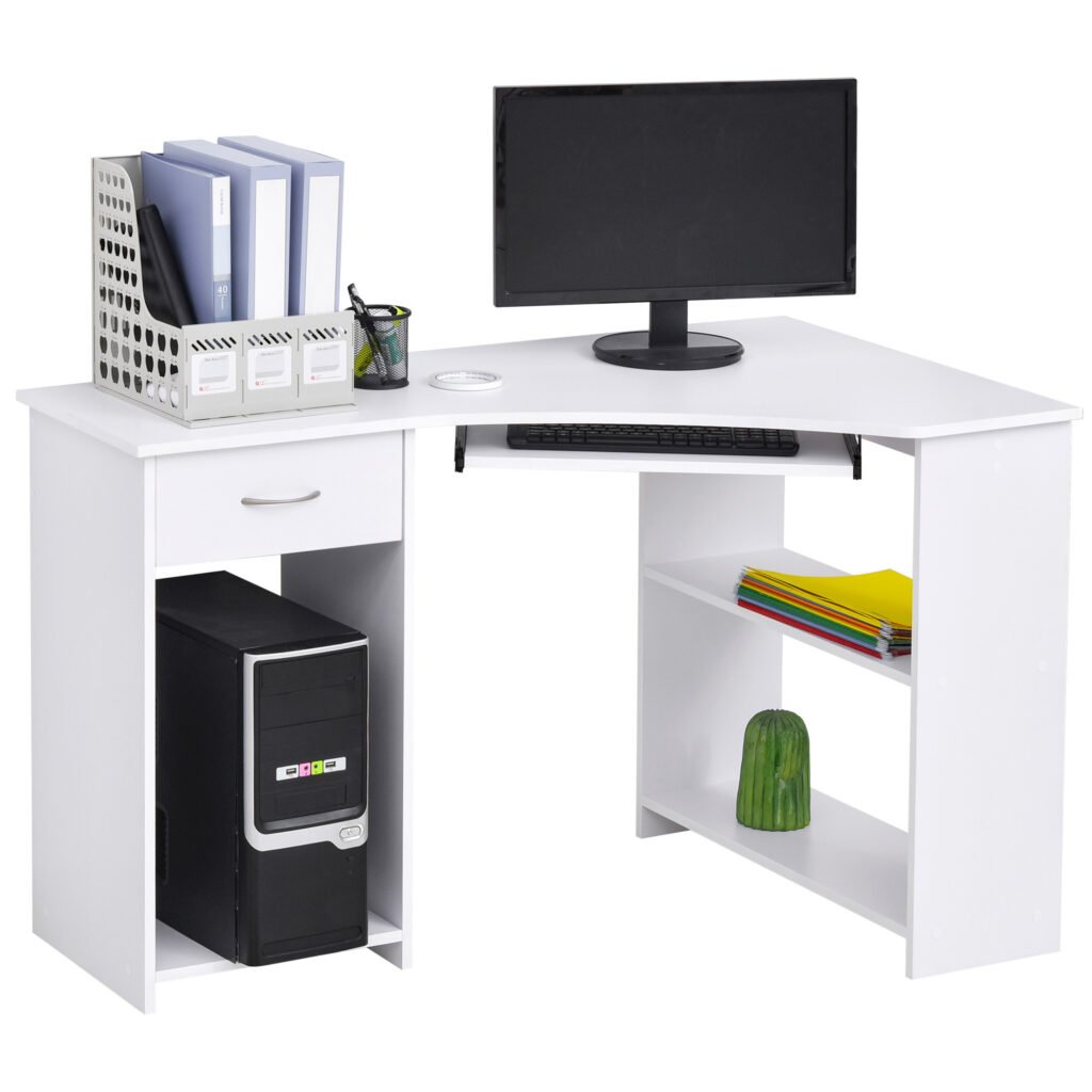 L-Shaped Desk: Shelves, Keyboard Tray, Drawer & CPU Stand for Home Office or Study, Pristine White