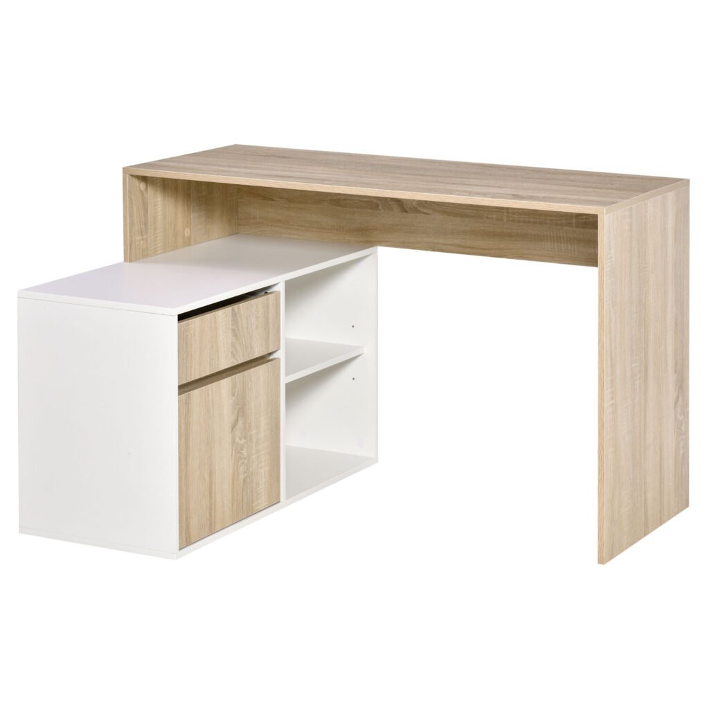 L-Shaped Corner Computer Desk, Oak and White Study Table with Storage Shelf, Drawer for Home Office