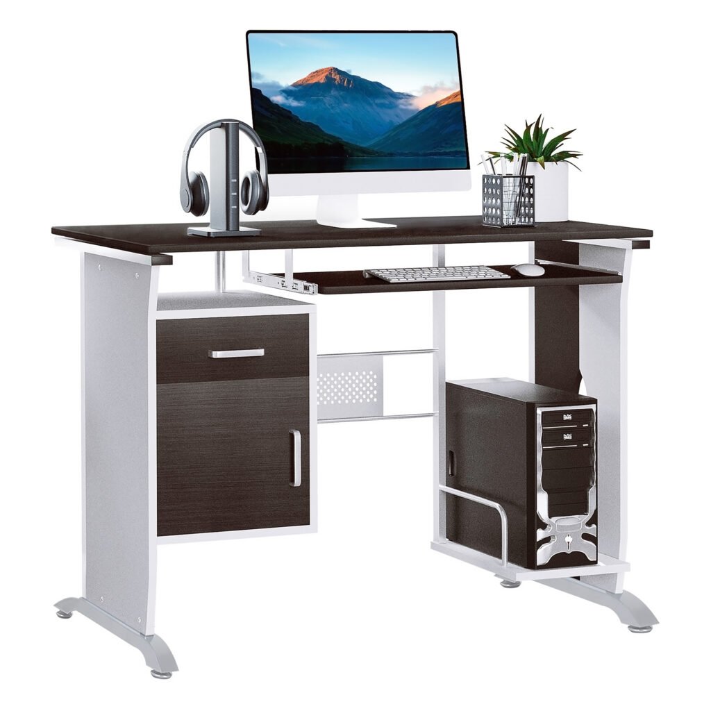 Home Office Workstation Desk, PC Computer Desk with Sliding Keyboard Tray, Storage Drawers, Host Box Shelf, Black Walnut
