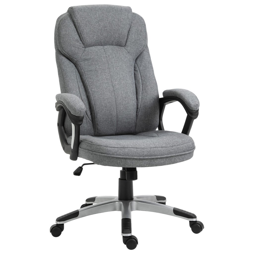 Linen Fabric Office Swivel Chair, Height Adjustable, Padded Armrests, Tilt Function, Grey