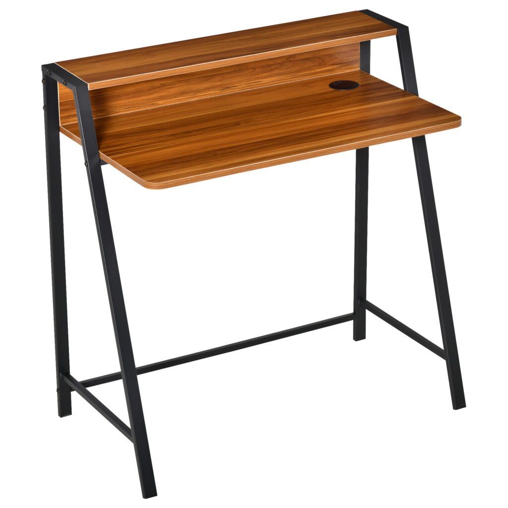 2-Tier Writing Desk, Computer Table with Storage Shelf and Slimline Frame, PC Laptop Desk, Gaming Workstation, Walnut