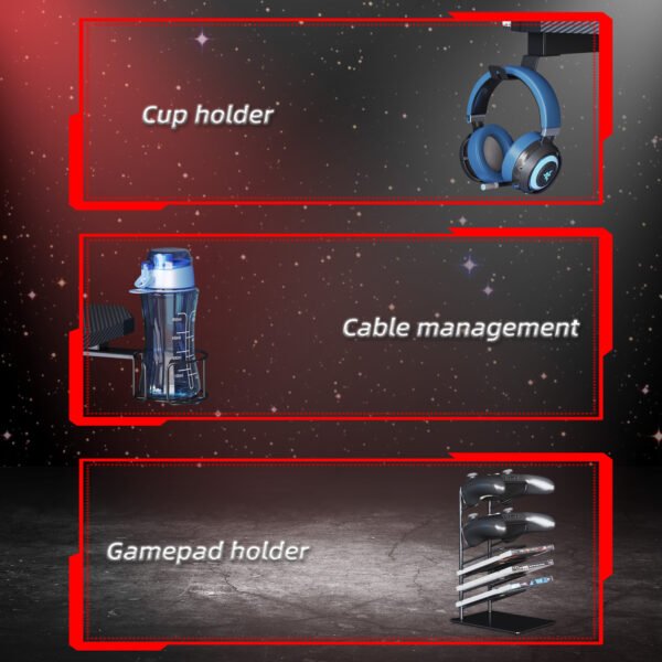 Gaming Desk, Ergonomic Home Office Desk, Gamer Workstation Racing Table, with Headphone Hook and Cup Holder, 122 x 66 x 86cm, Black - Image 7